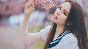 Qin Xiaoqiang Women Asian Redhead Long Hair Flower In Mouth Flowers Casual Pink Portrait 2048x1366 Wallpaper
