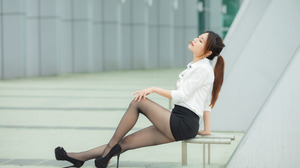 Asian Model Women Long Hair Dark Hair Ponytail Sitting High Heels 5120x3413 Wallpaper