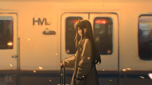 Hua Ming Wink Anime Girls Train Station Train Hands In Pockets 5243x2950 Wallpaper