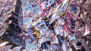 Gundam Anime Girls Portrait Display Branch Petals Flowers Long Hair Pink Hair Looking Away Mecha Gir 1920x1920 Wallpaper