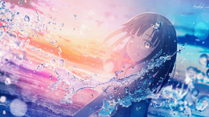 Anime Girls Water Water Drops Sunset Sunset Glow Waves Looking At Viewer 3800x2100 Wallpaper