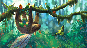 Sloth Parrot Jungle Branch Bird 3582x2418 Wallpaper