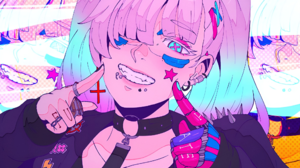 Koyorin Anime Piercing Smiling Looking At Viewer Teeth Multi Colored Hair Earring Choker Anime Girls 2048x1152 Wallpaper