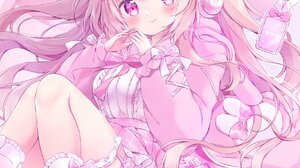 Anime Anime Girls Pink Hair Purple Eyes Long Hair Looking At Viewer Smiling Blushing Lying Down Lyin 1770x2500 Wallpaper