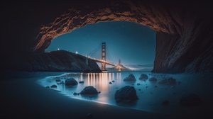 Ai Art Golden Gate Bridge Cave Blue Hour Water Bridge Night Lights 4579x2616 Wallpaper