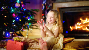Blonde Candy Cane Christmas Fireplace Gift Little Girl 3840x2560 Wallpaper