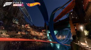Forza Horizon 5 Hot Wheels Video Games Watermarked Race Tracks CGi Logo Lights Building 3840x2160 Wallpaper