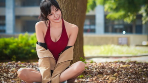 Asian Model Women Long Hair Depth Of Field Sitting Legs Crossed Bare Shoulders Red Shirt Leaves Tree 1920x1237 Wallpaper