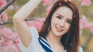 Qin Xiaoqiang Women Asian Brunette Smiling White Clothing Flowers Pink 1366x2048 wallpaper