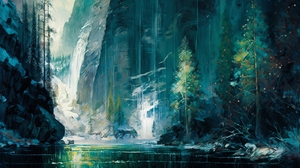 Ai Art Impressionism Digital Painting Water Trees Waterfall Nature 4579x2616 Wallpaper