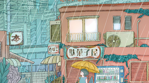 Albums Music Anime Girls Umbrella Rain City Plants Building Vending Machine 4060x4080 Wallpaper