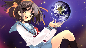 The Melancholy Of Haruhi Suzumiya Suzumiya Haruhi World Planet Space Stars Brunette Brown Eyes Schoo 3840x2400 Wallpaper