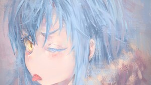 Tensei Shitara Slime Datta Ken Rimuru Tempest Blue Hair Yellow Eyes Tongue Out 1399x900 wallpaper
