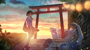 Anime Anime Girls Schoolgirl School Uniform Sunset Sunset Glow Torii Sunlight Sky Clouds Stairs Cand 4093x2894 Wallpaper