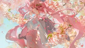 Cherry Blossom Anime Girls Pink Hair Long Hair Petals Looking At Viewer Twintails Sakura Miku Hatsun 3000x2073 Wallpaper