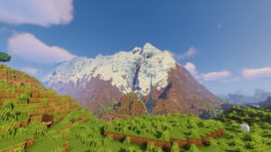 Minecraft Video Games Morning Mountain Top Grass Sunlight Cube Mountains Sky Clouds Snow Shaders 1920x1080 wallpaper