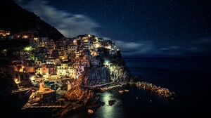 Italy Night Manarola Coast City Cinque Terre Dominic Kamp Village Stars Outdoors Sky 3840x2400 Wallpaper