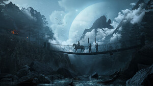 Artwork Digital Art Knight Horse Nature Bridge Water Rocks Mountains Moon Night 1920x1013 Wallpaper