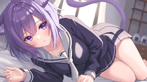 Anime Anime Girls Virtual Youtuber Hololive Nekomata Okayu Tail Animal Ears Purple Hair Purple Eyes  1500x1061 Wallpaper