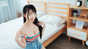 Ning Shioulin Women Model Striped Tops Asian Brunette Tongue Out Bare Shoulders Indoors Women Indoor 6000x4000 Wallpaper