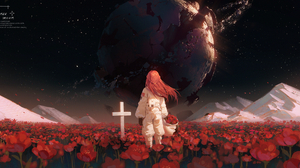 Stars Space Astronaut Flowers Field Cross Planet Redhead Braids Mountains 2220x1080 Wallpaper