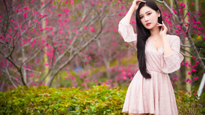 Asian Model Women Long Hair Dark Hair Bushes Trees Dress Depth Of Field Brunette Makeup Flowers Wome 3840x2563 Wallpaper