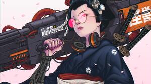 Digital Digital Art Illustration Artwork Character Design Women Cyberpunk Geisha Black Hair Glasses  4689x3666 Wallpaper