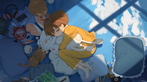 Hanser Anime Girls Anime Sleeping Cats Closed Eyes Lying On Side Feet Pillow Pyjamas Camera Clocks A 4445x2500 Wallpaper