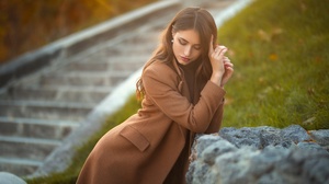 Dmitry Shulgin Women Brunette Women Outdoors Trench Coat Brown Coat Grass Stairs Red Nails Long Hair 2048x1365 wallpaper