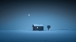 Ai Art House Moon Blue Winter Night Snow Simple Background Minimalism 4579x2616 Wallpaper