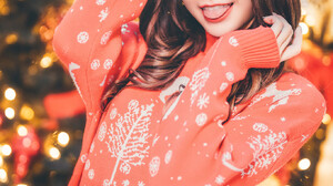 Asian Women Model Christmas Holiday Sweater Red Sweater Wacky One Eye Closed Tongues Lights Looking  1363x2048 Wallpaper
