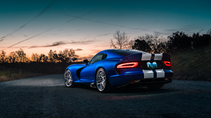 Car Dodge Viper Vehicle Blue Cars Road Licence Plates Sunset Trees 2048x1152 Wallpaper