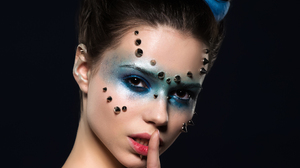 Sergey Zemnuhov Women Dyed Hair Makeup Eyeshadow Jewelry Bare Shoulders Face Paint Portrait Glamour  2329x3500 Wallpaper