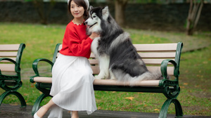 Asian Model Women Long Hair Dark Hair Bench Dog Berets White Skirt Red Pullover White Heels 3840x2560 Wallpaper