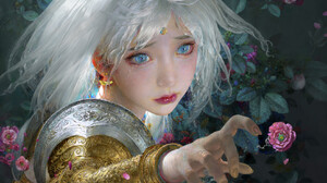 Ruan Jia Drawing Women Blue Eyes Flowers Pink Gold Portrait Tears 1683x1588 Wallpaper