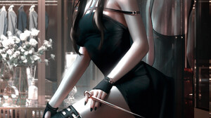 Nixeu Drawing Women Dark Hair Bangs Long Hair Red Eyes Dress Black Clothing Reflection Wardrobe Spy  980x1400 wallpaper