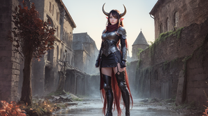 Fantasy Girl Demon Hunter Fantasy Art Digital Art Artwork Fantasy City Demon Horns Armored Redhead D 1280x960 Wallpaper