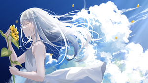 Anime Anime Girls Dandelion Clouds Closed Eyes Sky Petals White Hair 3881x2153 Wallpaper