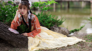 Asian Model Women Long Hair Brunette River Bridge Bushes Lying Down Traditional Clothing Hair Orname 4562x3041 Wallpaper