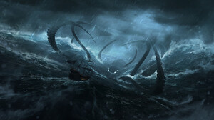 Sea Ship Storm Waves Rain Night Boat Water Creature Kraken Clouds Digital Art 3840x1920 Wallpaper