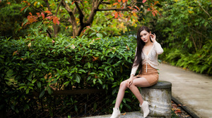Asian Model Women Long Hair Brunette Women Outdoors Sitting Bushes Trees Depth Of Field Skirt Shirt 3840x2560 Wallpaper