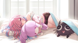 Anime Anime Girls Two Tone Hair Pink Hair Lying On Side Teddy Bears Blushing 3600x2100 Wallpaper