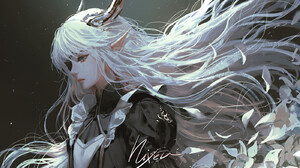 Nixeu Drawing Women Silver Hair Horns Eyepatches Black Clothing Simple Background Ash Long Hair Poin 1400x933 Wallpaper
