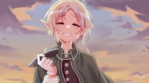 Mushoku Tensei Sylphiette Anime Girls Closed Eyes Pointy Ears Blonde Sky Clouds Smiling Teeth Tears  2048x880 Wallpaper