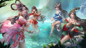 Anime Girls Sanguosha Three Kingdoms Anime Chinese Clothing Water Long Hair Looking At Viewer Waterf 2146x1220 Wallpaper