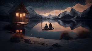 Stars Ai Art Swings Starry Night Night Mountains Water Reflection House Sky 2688x1536 Wallpaper