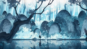 Anime Anime Girls Standing Reflection Trees Forest Water Katana Weapon Schoolgirl School Uniform Loo 5315x2772 Wallpaper