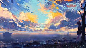 Anime Anime Girls Sky Clouds Water Boat Flowers Rocks Stars 2560x1600 Wallpaper