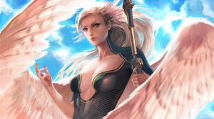 Angel Angel Warrior Aqua Eyes Fantasy Girl Mercy Overwatch Pink Hair Warrior Wings Woman 1920x1205 Wallpaper