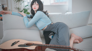 Women Model Asian Cosplay Guitar Sister Hitomio Guitar Sweater Dress Indoors Women Indoors Barefoot  5000x3334 wallpaper